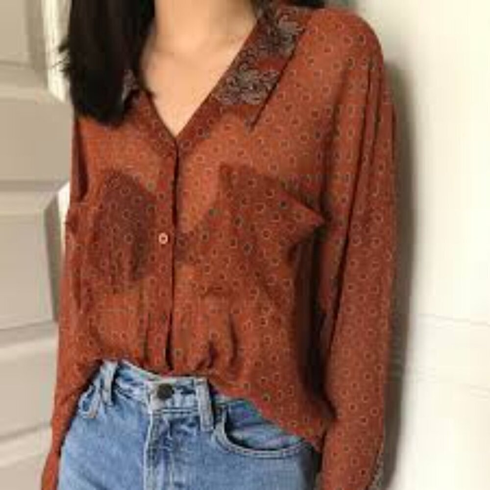 Free People Easy Rider Sheer Blouse Size M Burnt Orange Pockets